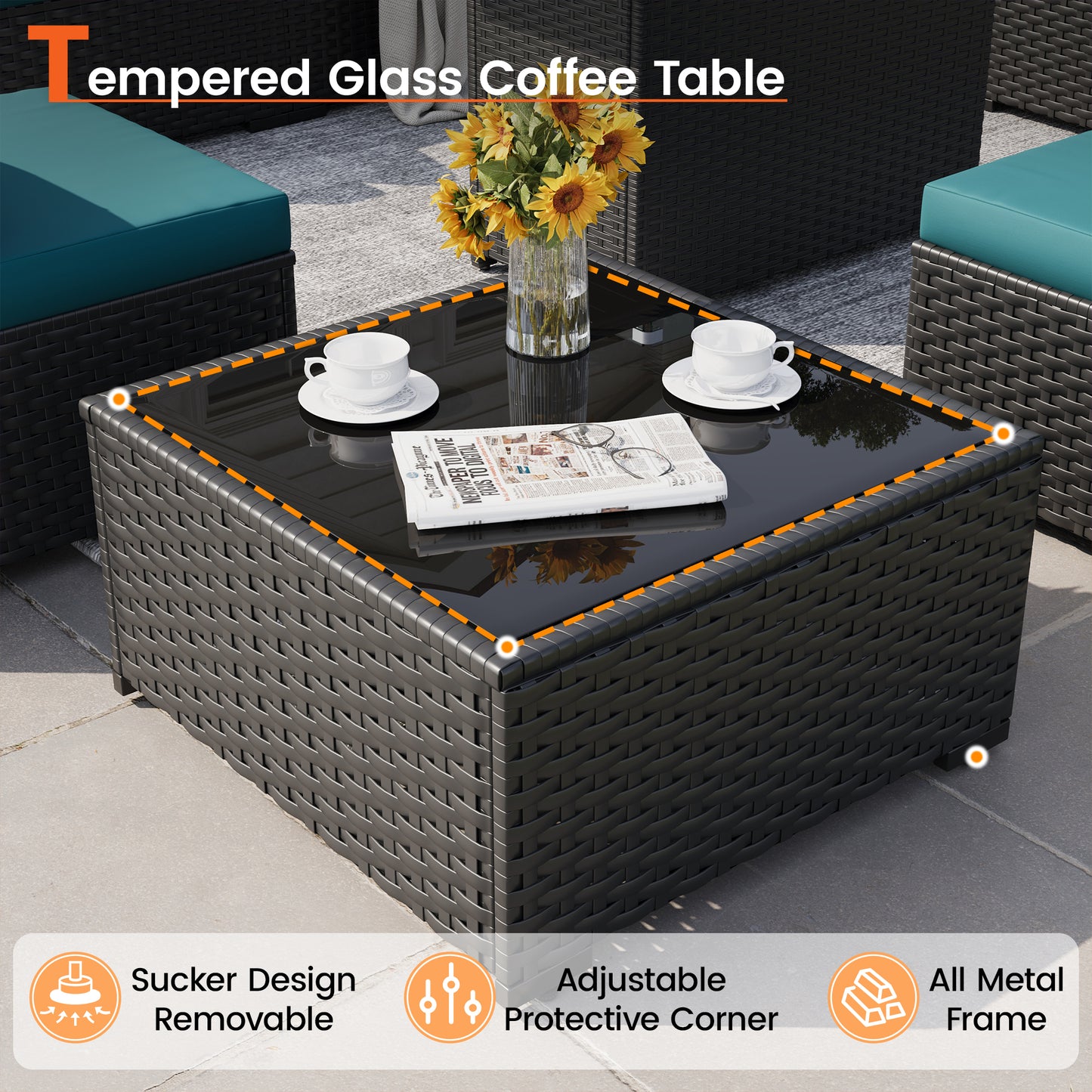 VONZOY 8 Piece Patio Furniture Set with 43" Fire Pit Table, Outdoor Sectional Wicker Rattan Sofa Set with Coffee Table (Peacock Blue/Black)