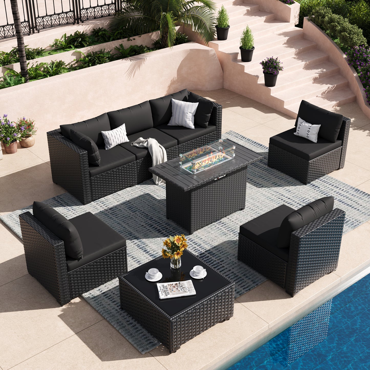 VONZOY 8 Piece Patio Furniture Set with 43" Fire Pit Table, Outdoor Sectional Wicker Rattan Sofa Set with Coffee Table (Black/Black)