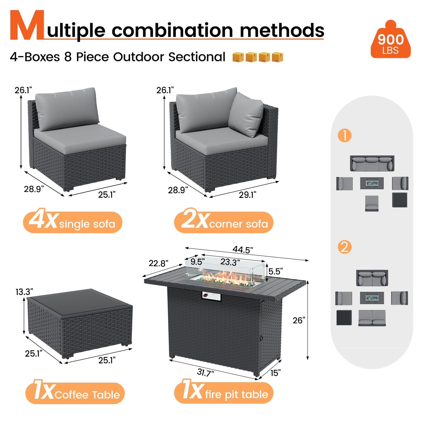 VONZOY 8 Piece Patio Furniture Set with 43" Fire Pit Table, Outdoor Sectional Wicker Rattan Sofa Set with Coffee Table (Grey/Black)
