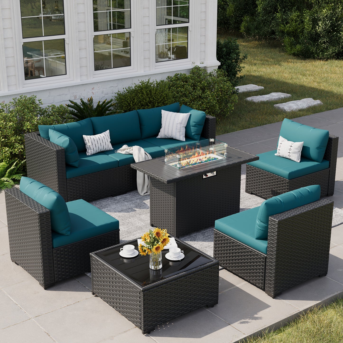 VONZOY 8 Piece Patio Furniture Set with 43" Fire Pit Table, Outdoor Sectional Wicker Rattan Sofa Set with Coffee Table (Peacock Blue/Black)