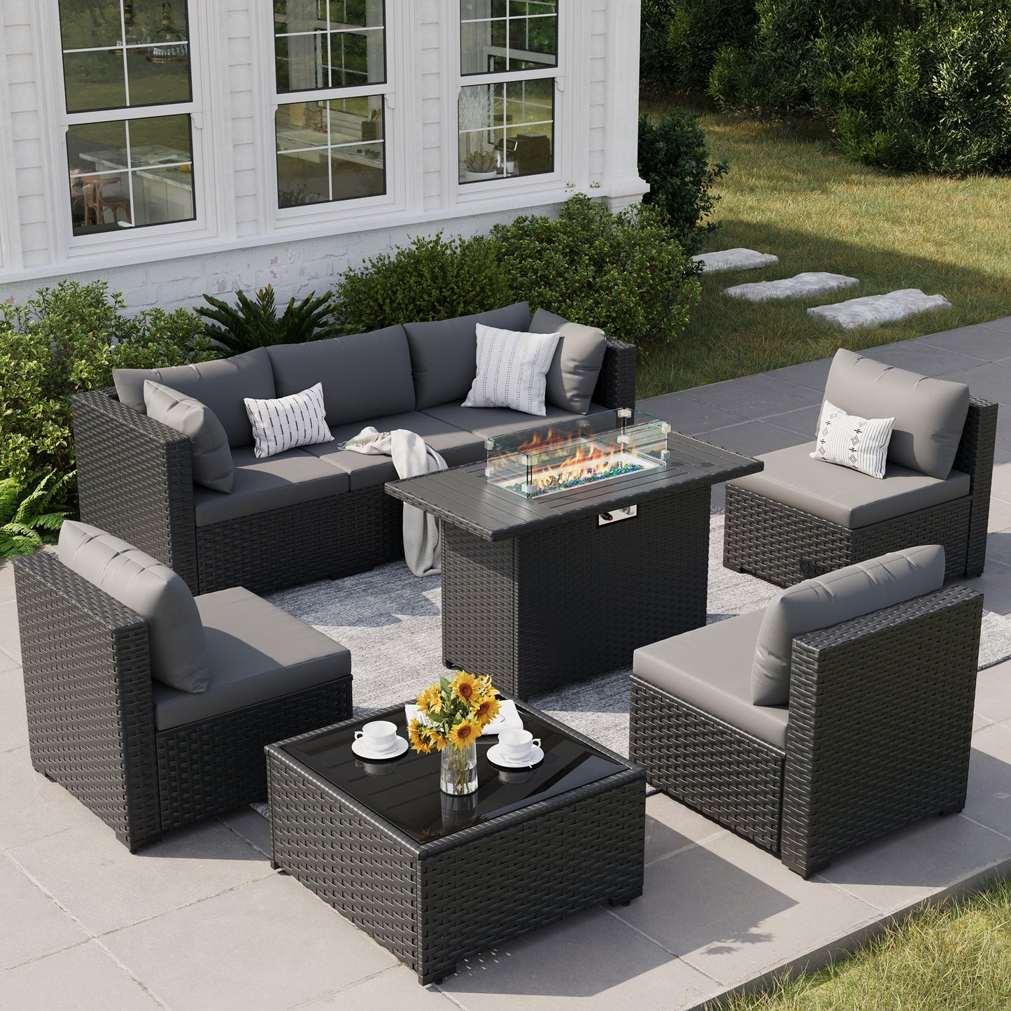 VONZOY 8 Piece Patio Furniture Set with 43" Fire Pit Table, Outdoor Sectional Wicker Rattan Sofa Set with Coffee Table (Grey/Black)