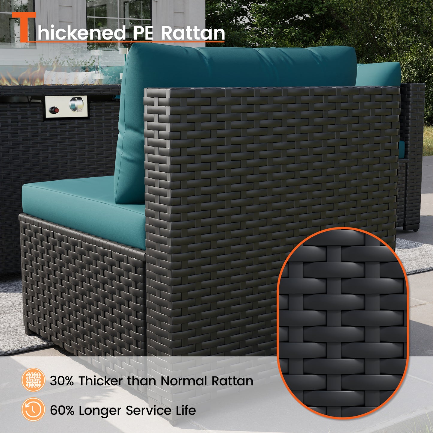 VONZOY 8 Piece Patio Furniture Set with 43" Fire Pit Table, Outdoor Sectional Wicker Rattan Sofa Set with Coffee Table (Peacock Blue/Black)
