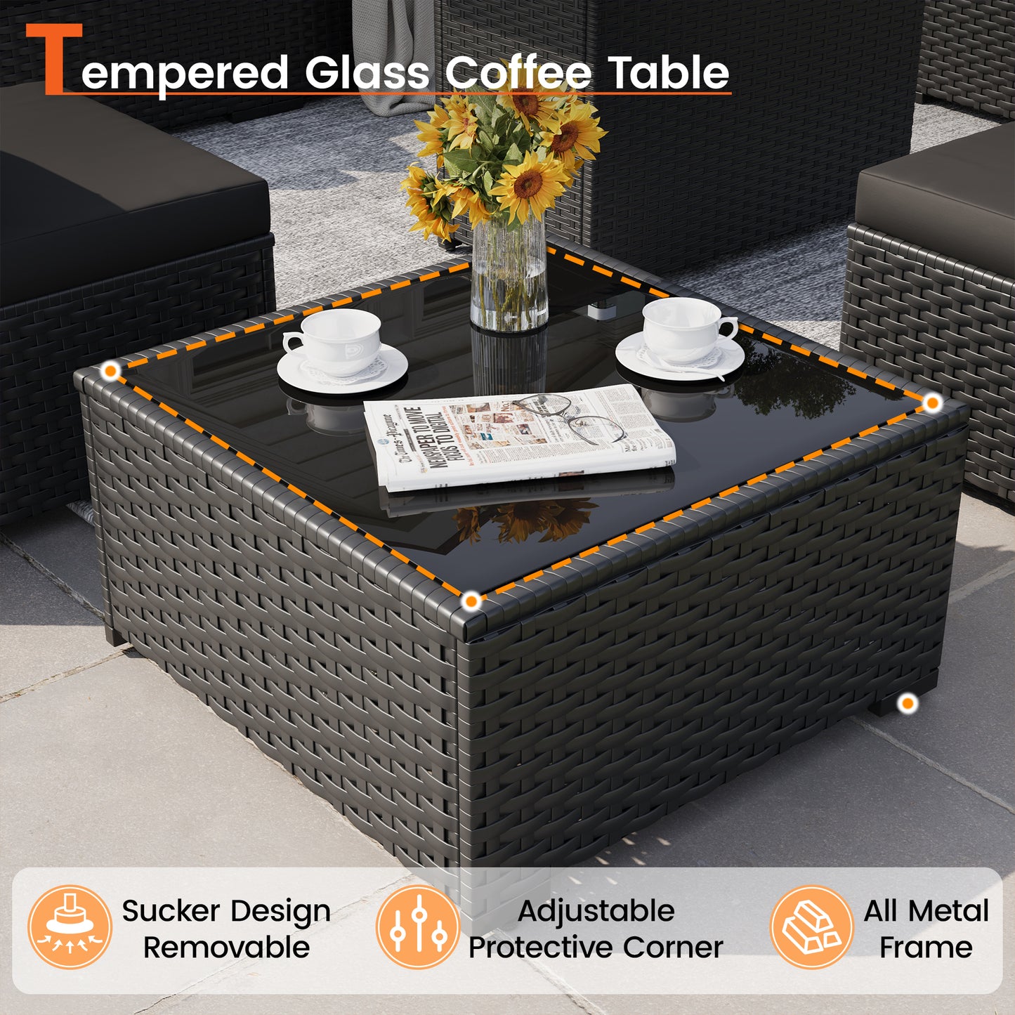 VONZOY 8 Piece Patio Furniture Set with 43" Fire Pit Table, Outdoor Sectional Wicker Rattan Sofa Set with Coffee Table (Black/Black)