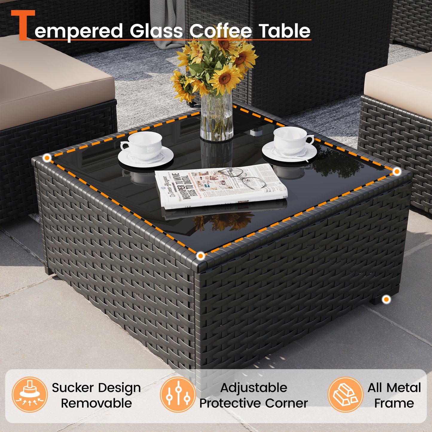 VONZOY 8 Piece Patio Furniture Set with 43" Fire Pit Table, Outdoor Sectional Wicker Rattan Sofa Set with Coffee Table (Beige/Black)