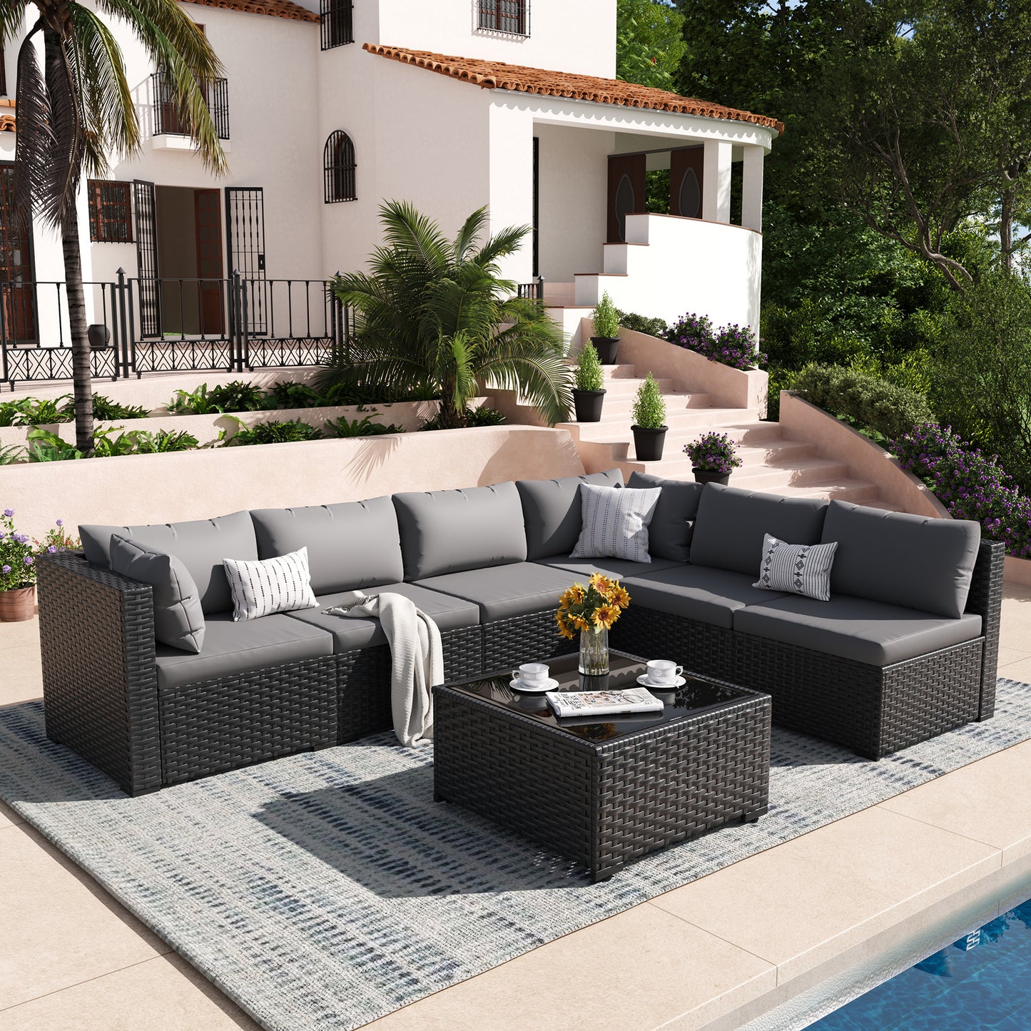 VONZOY Patio Furniture Set, 7-Piece Outdoor Sectional All-Weather Wicker Patio Conversation Set for Backyard, Garden, Grey