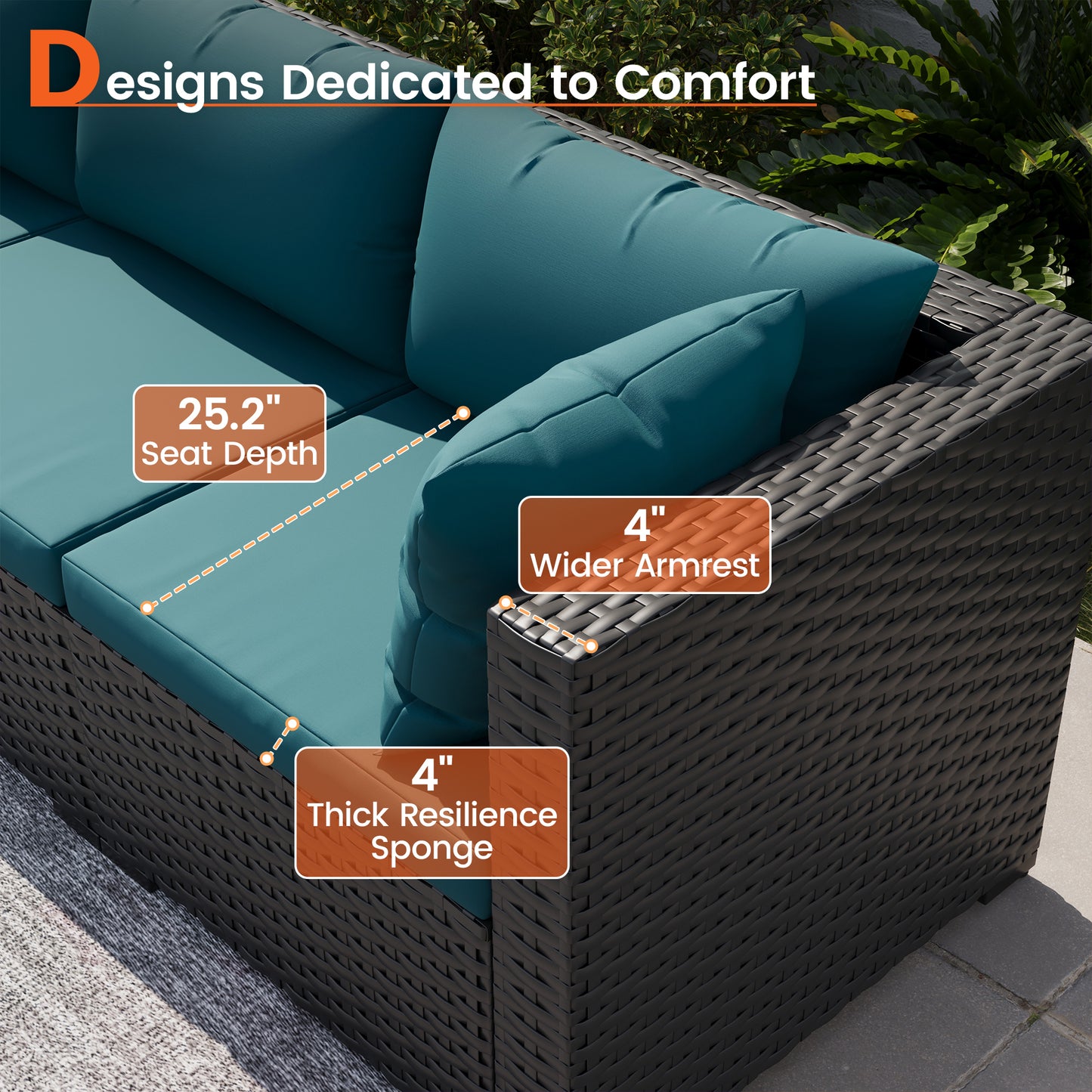 VONZOY 8 Piece Patio Furniture Set with 43" Fire Pit Table, Outdoor Sectional Wicker Rattan Sofa Set with Coffee Table (Peacock Blue/Black)
